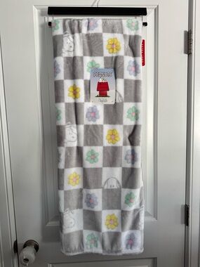 Peanuts Gray White Check Plush Throw with Pastel Floral Accents